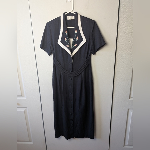 VINTAGE Jessica Women Dress Size 10 Petite Made In Canada Floral Navy Blue White - Picture 1 of 12